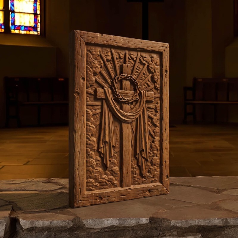 Jesus Christ Cross and Crown of Thorns Wood Carved Handmade Christian Icon Decor