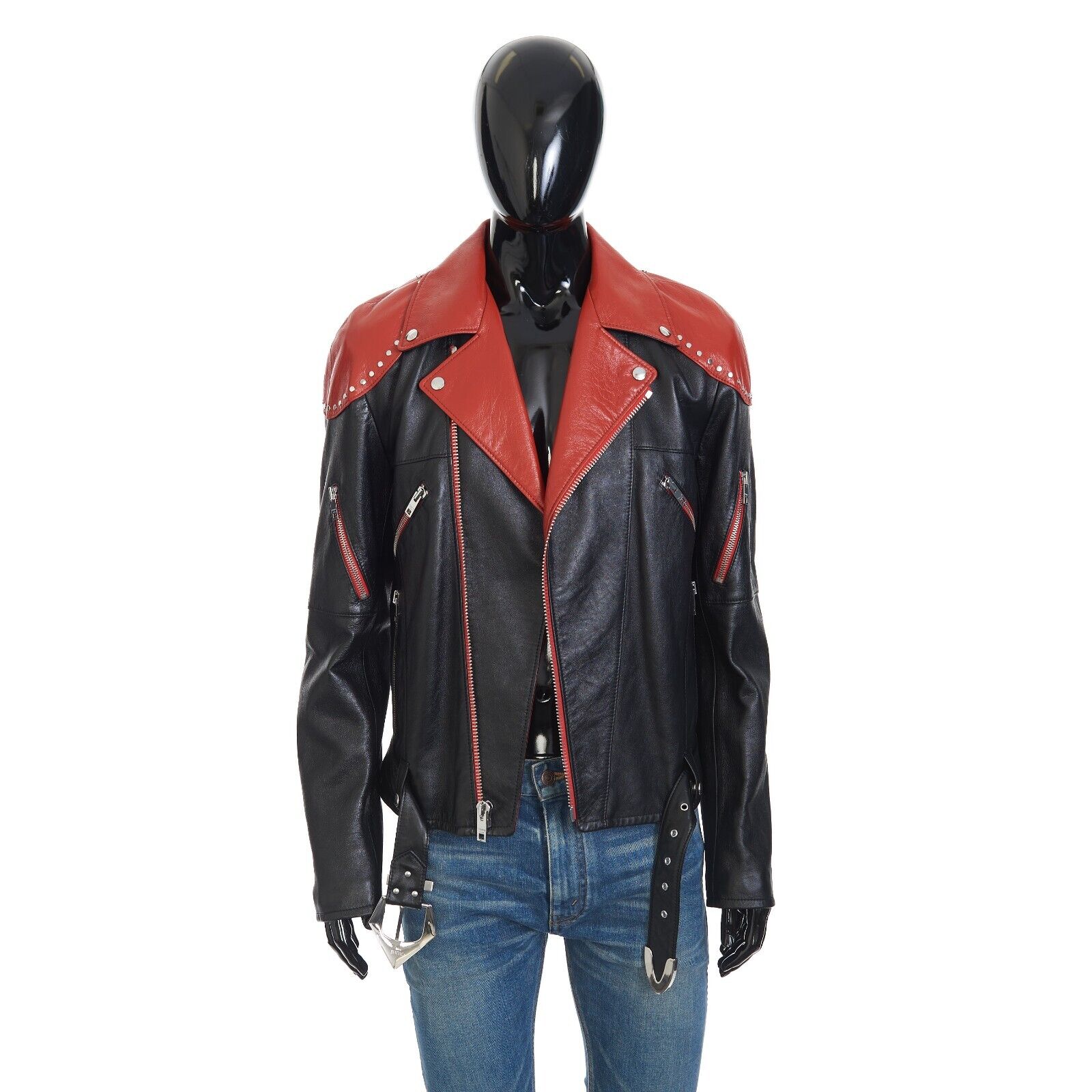 CELINE 6500$ Loose Fit Studded Biker Jacket - Black & Red CELINE 6500$ Loose Fit Studded Biker Jacket - Black & Red