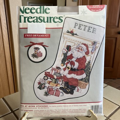 CROSS STITCH SANTA AT WORK STOCKING KIT W/ ORNAMENT NEEDLE TREASURES 02890 NIOP
