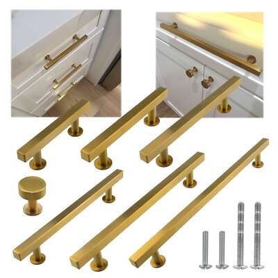 Gold Satin Brass Brushed Square Modern Cabinet Handles Pulls Round Knob Kitchen