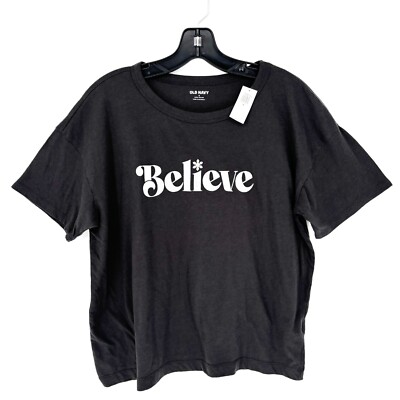 Old Navy Women's Tee Believe Holiday Graphic Tee Medium Dark Gray/Silver NWT