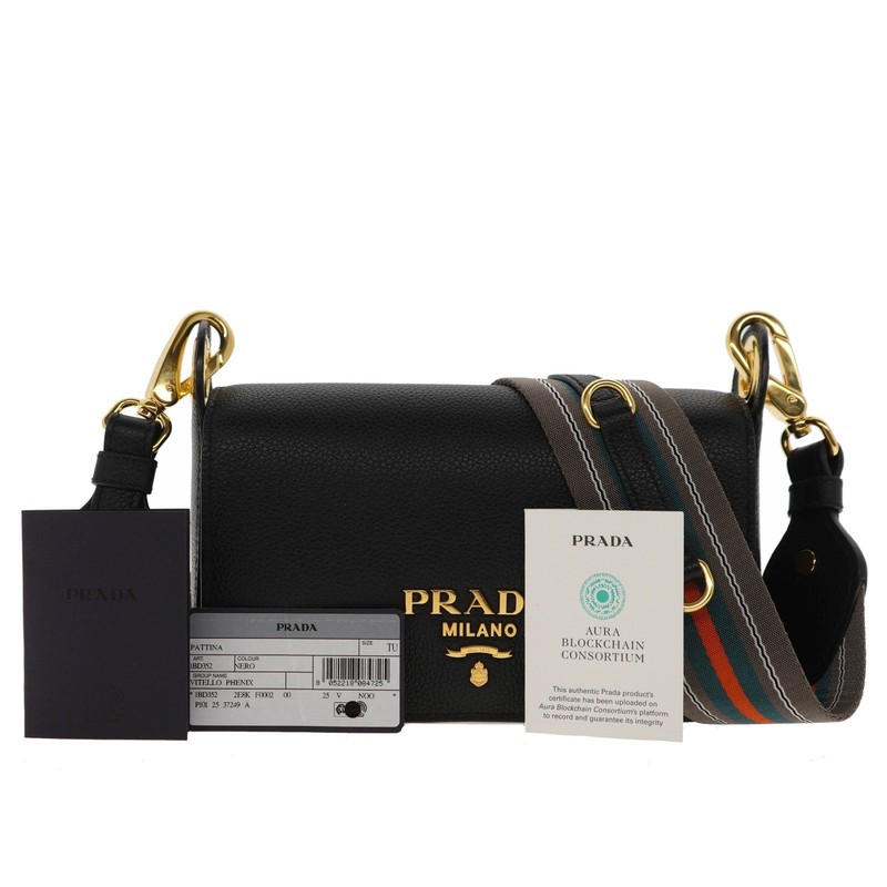 Prada Luxury Crossbody Shoulder Bag Guitar Strap Black Leather