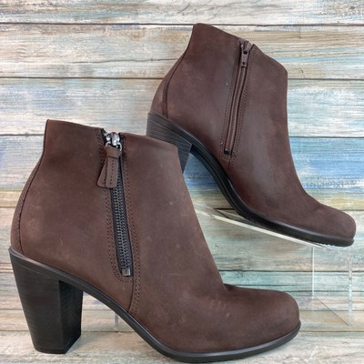 Ecco Ankle Boots Womens Sz 8-8.5/39 Brown Leather Zip Up Block Heel Dress Bootie
