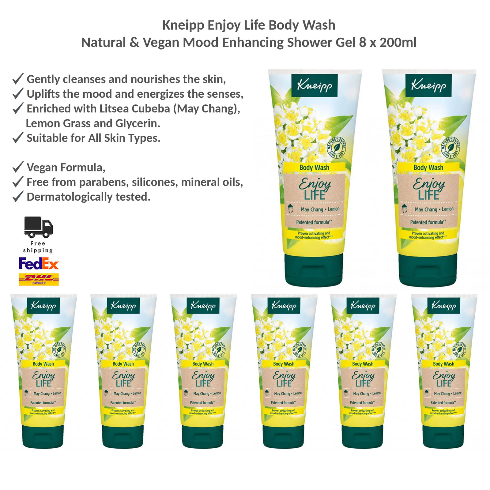 Kneipp Enjoy Life Body Wash - Natural & Vegan Mood Enhancing Shower Gel 8x200ml