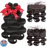 12A Body Wave Bundles with Frontal Human Hair 16 18 20+14 Inch Brazilian Virgin Body Wave Human Hair Weave 3 Bundles with 13x4 HD Lace Frontal Closure