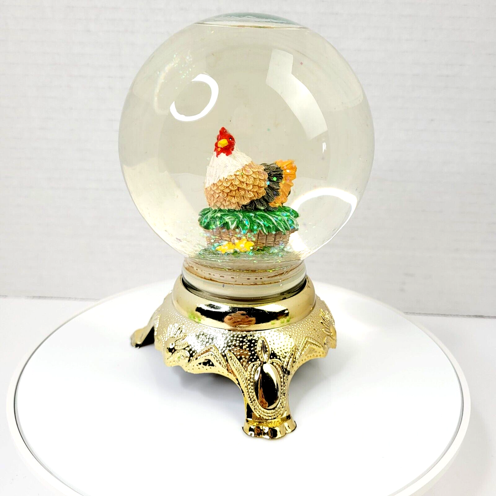 Vintage Eleco Chicken Hen Water Snow Globe Glitter Gold Tone