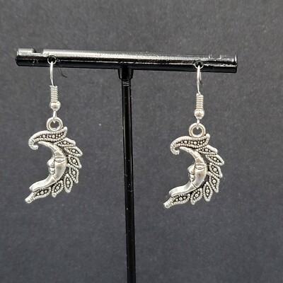 New Moon Face Pierced Earrings Silver tone Dangle Embossed 1''