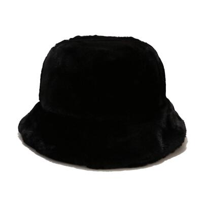 Faux Fur Bucket Hat Winter Fluffy Cap Fuzzy Warm Hat for Women Men A Black
