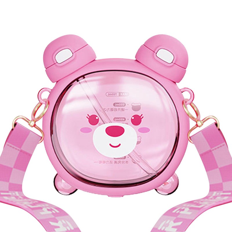 750ml Bear Adults Kids Water Bottle With Straw & Shoulder Strap Cute Bottle