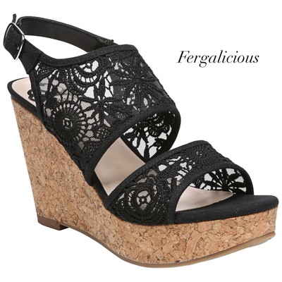 Fergalicious Krazy Black Lace Ankle Strap Cork Platform Wedge Sandal NEW Size 12