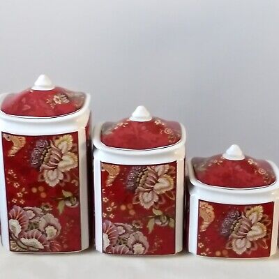 222 Fifth Gabrielle Red Porcelain Kitchen Storage Decor Canister Set Of 3