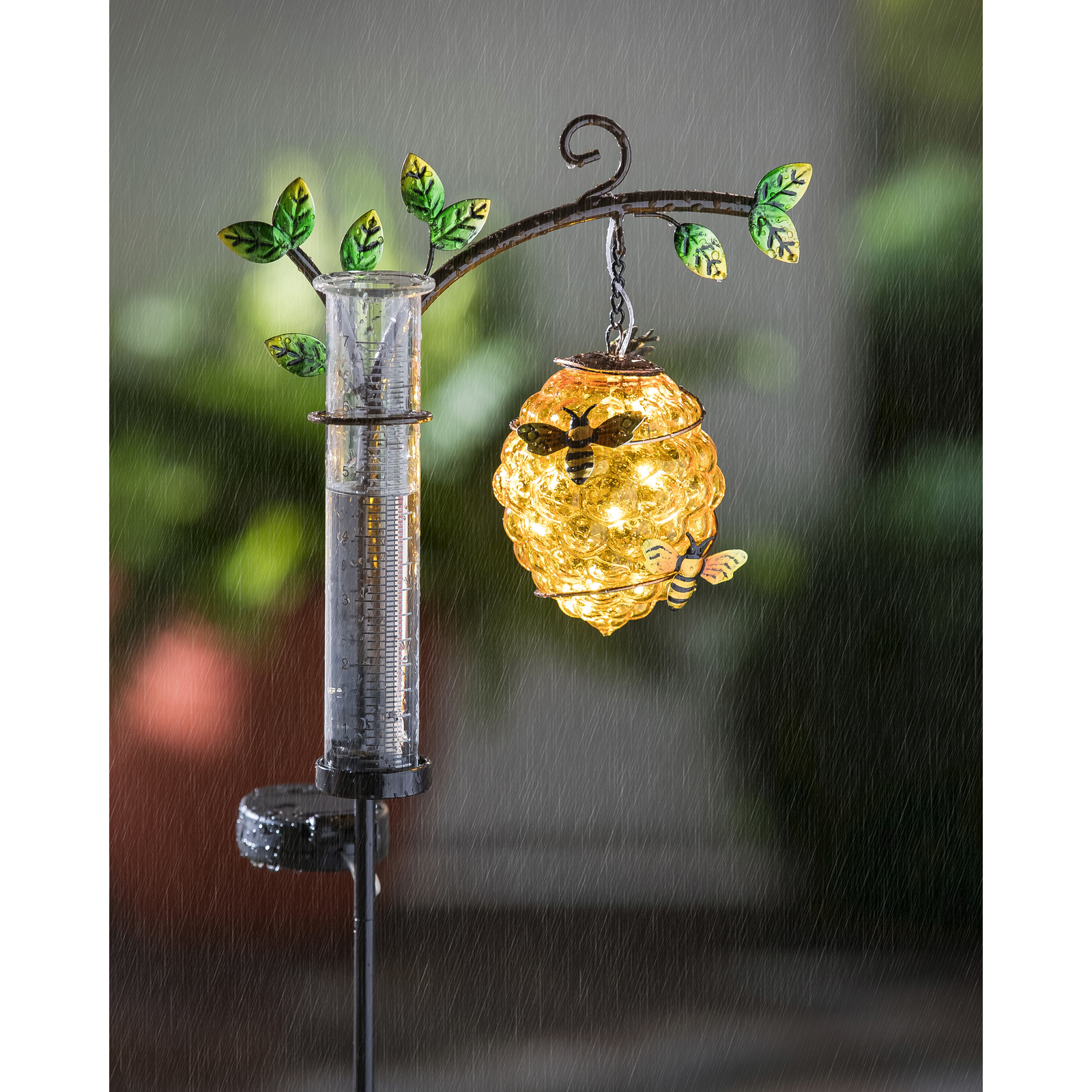 Bee Beehive Rain Gauge Solar Light Garden Stake Country Farmhouse Outdoor Decor
