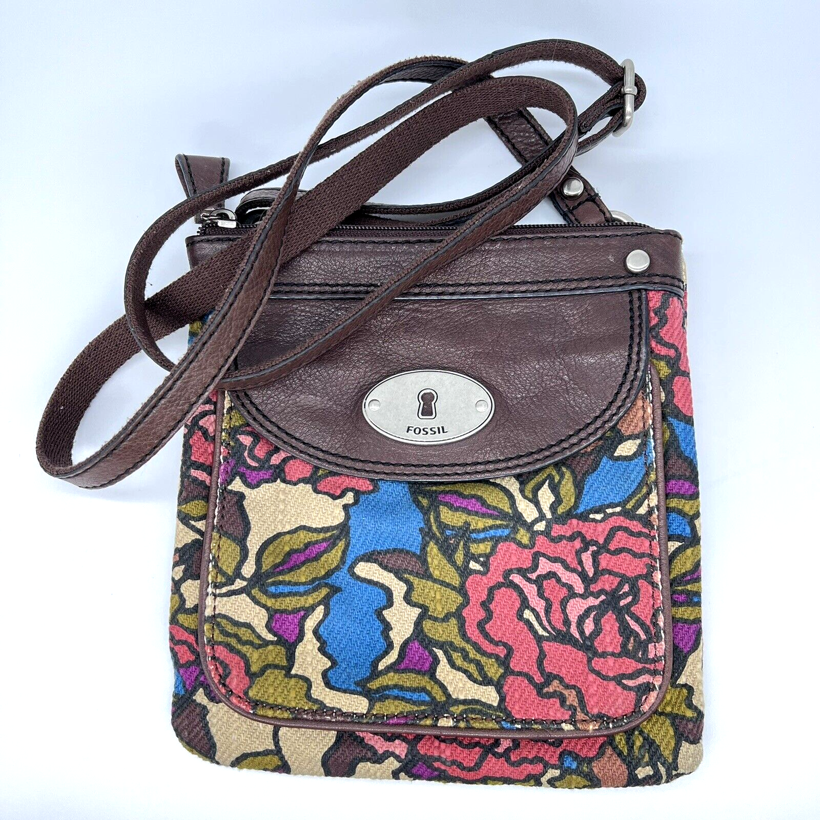 Fossil Key Per Crossbody Purse Handbag Canvas Leather Bag Floral Brown Red Blue eBay