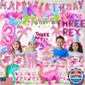 Pink Three Dino Rex Birthday Party Decorations Dinosaur 3rd Birthday Décorations Three inspired Rex Birthday Party Supplies include balloon backdrop knive fork spoon plate napkin cup tablecloth