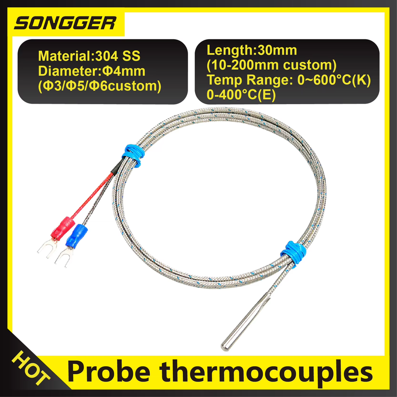 K Type E Type Probe Thermocouples Temperature Sensor 0-400°C 0-600°C Stainless S