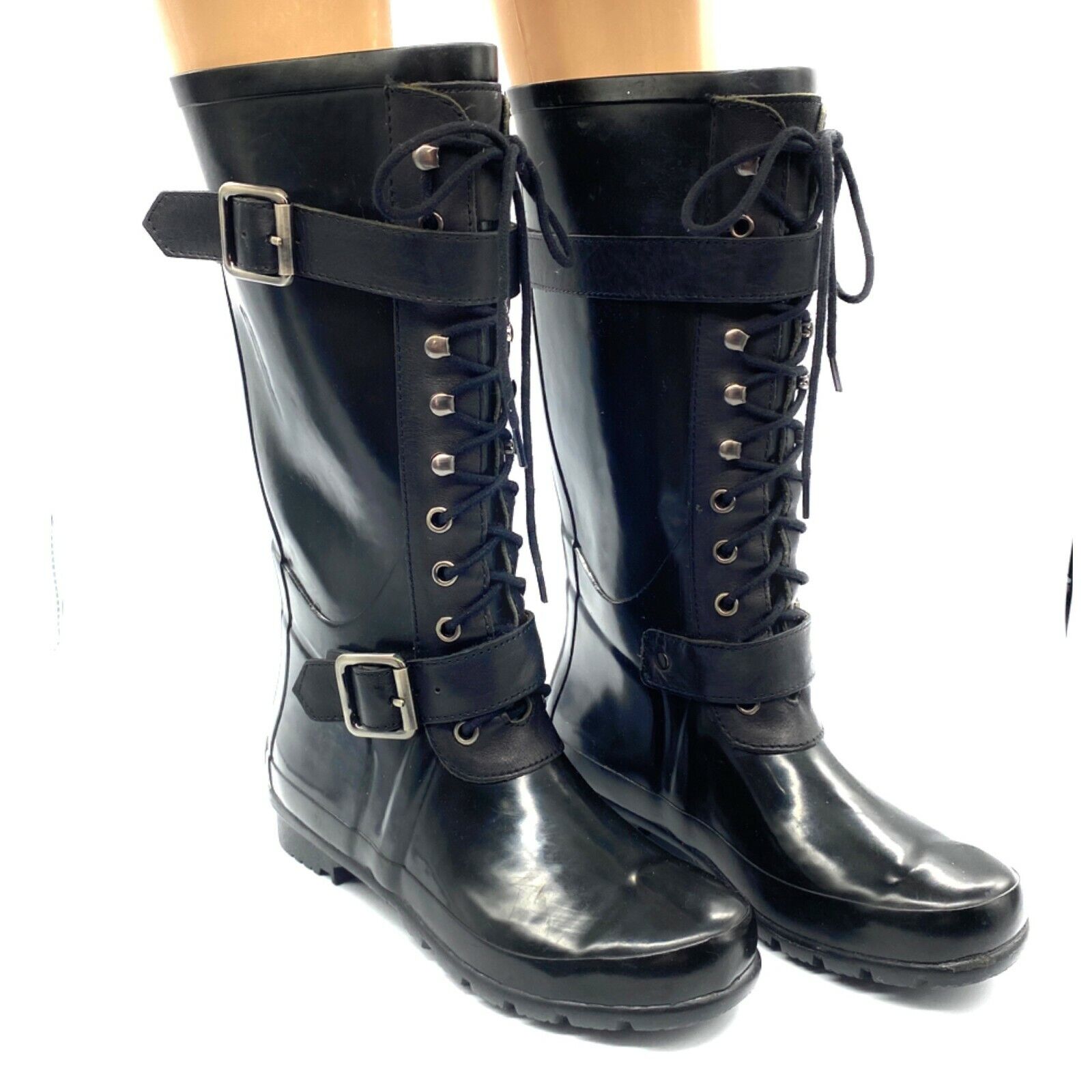 BCBG MaxAzria Willis Size 6 B 36 Black Rubber Rain Boots Mid Calf Lace Eyelet