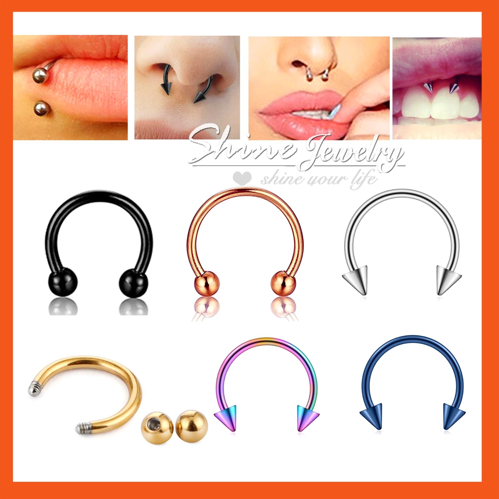 6-12mm Horseshoe Ring Spike Ball Bar Ear Lip Nose Cartilage 6-12mm Horseshoe Ring Spike Ball Bar Ear Lip Nose Cartilage