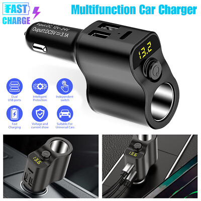 Cigarette Lighter Socket Splitter Dual USB + PD Charger Power Adapter Car DC 12V
