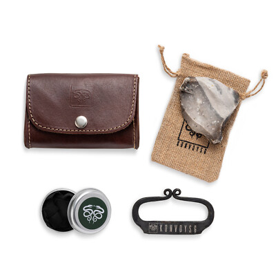 FLINT AND STEEL FIRE STRIKER HAND FORGED WITH CHARCLOTH & COGNAC LEATHER POUCH