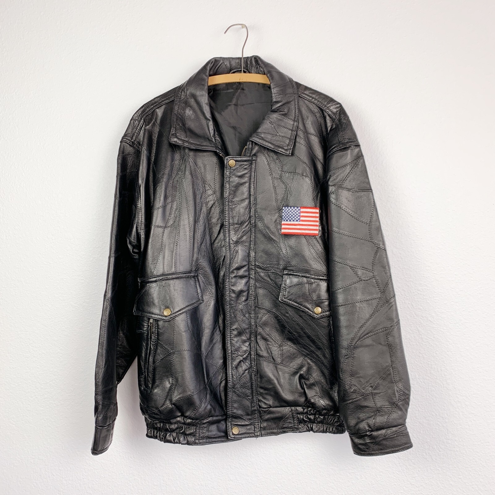 Vintage 90s God Bless America USA Patchwork Black Leather