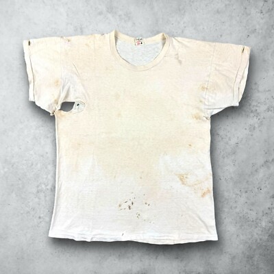 Vintage 50s 60s Farmer Grunge Distressed Workwear T-Shirt White Size Medium USA