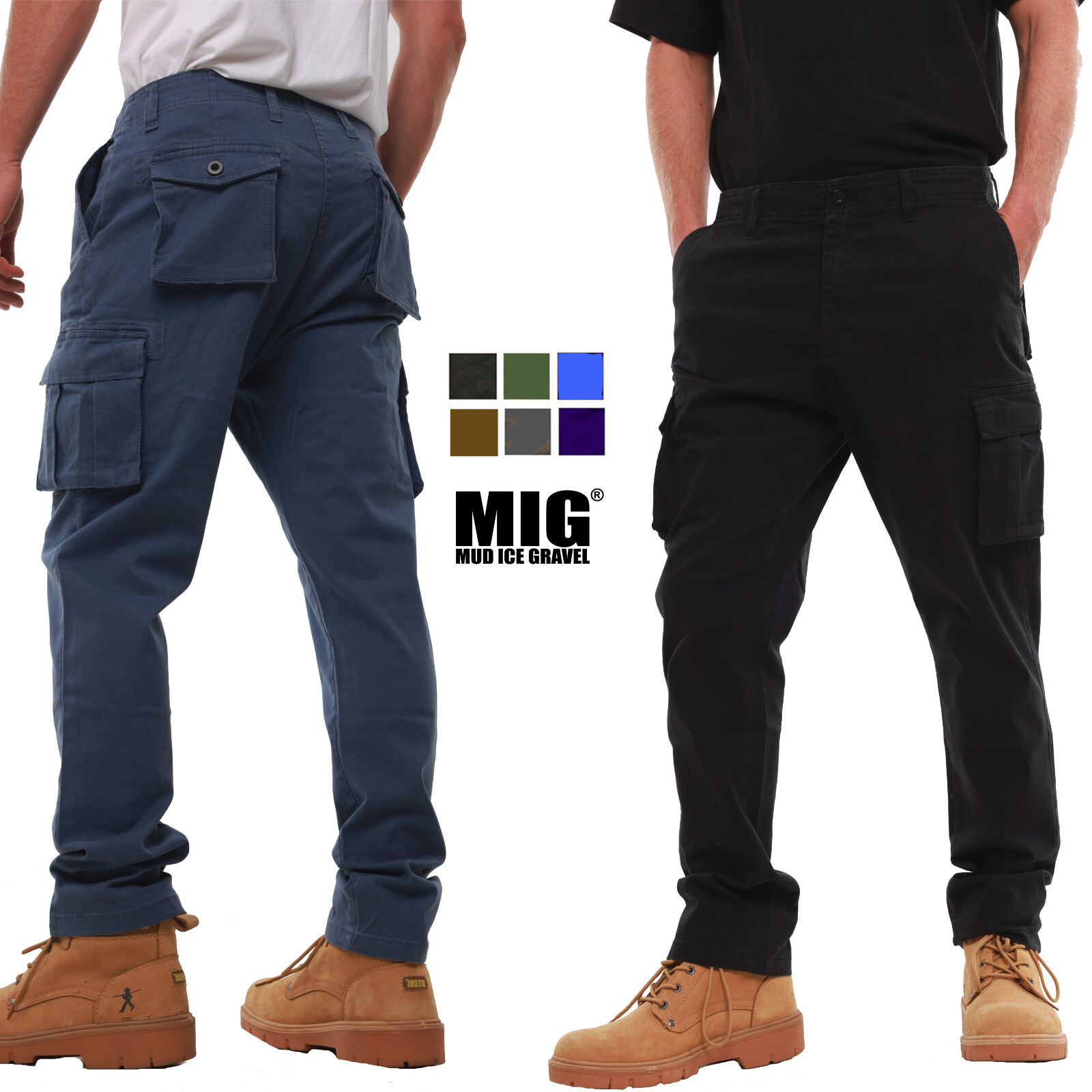 Mens MIG Stretch Cotton Slim Fit Cargo Work Trousers Size 30 to 42 | eBay
