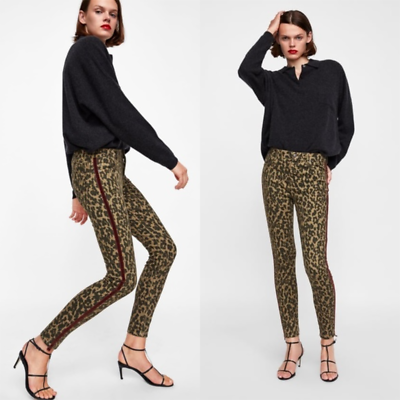 NWT ZARA Woman Leopard Premium Jeans Animal Print Skinny Red Velvet Stripe Sz 4
