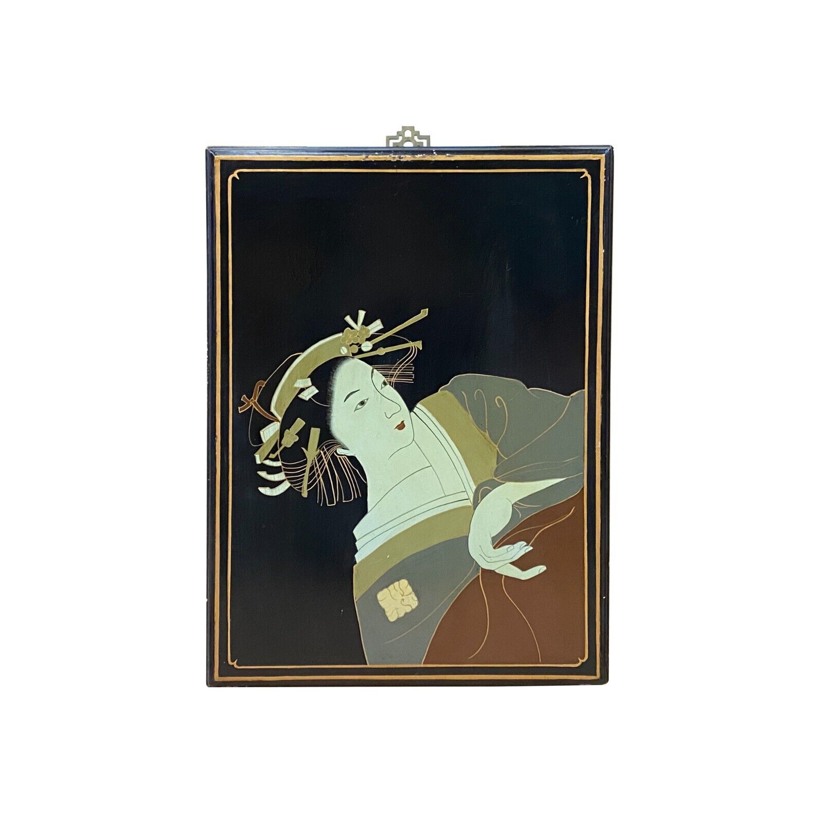 Vintage Wood Asian Japanese Lady Lacquer Wall Painting Art ws3410S Vintage Wood Asian Japanese Lady Lacquer Wall Painting Art ws3410S