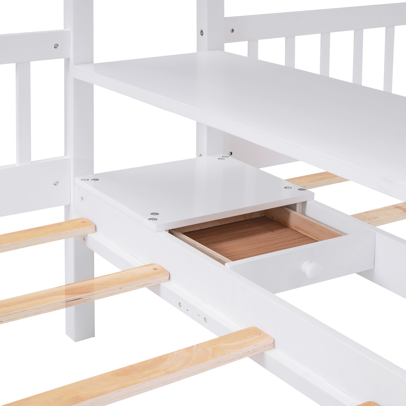 Modern Full-Over-Twin-Twin Bunk Bed Frame with Shelves Wardrobe and Mirror White