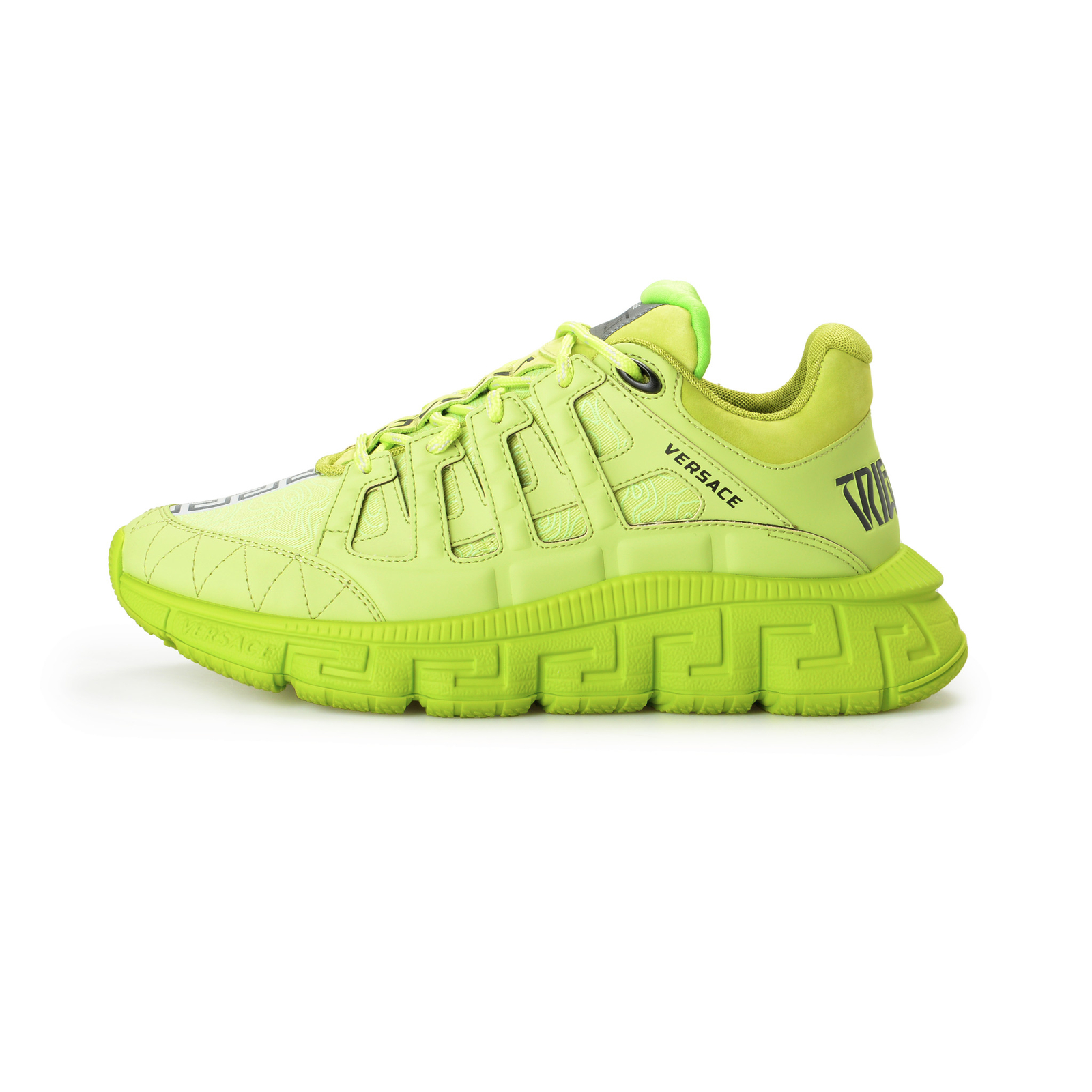 Pre-owned Versace Men's Trigreca Lime Green Leather Canvas Logo Sneakers Shoes