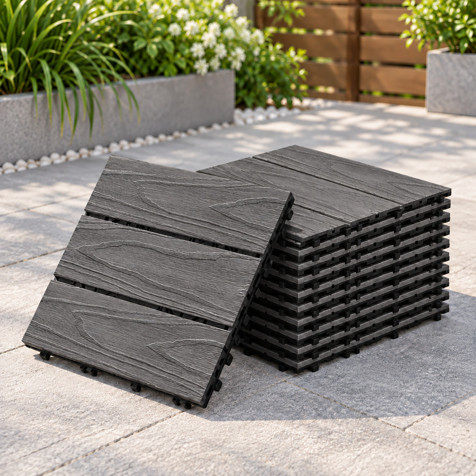 SOGA 11 pcs Dark Grey DIY Wooden Composite Decking Tiles Garden Outdoor