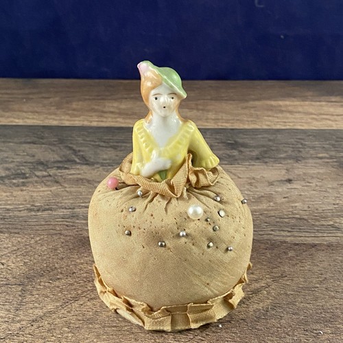 Vintage Japan Porcelain Half Doll Silk Skirt Pincushion