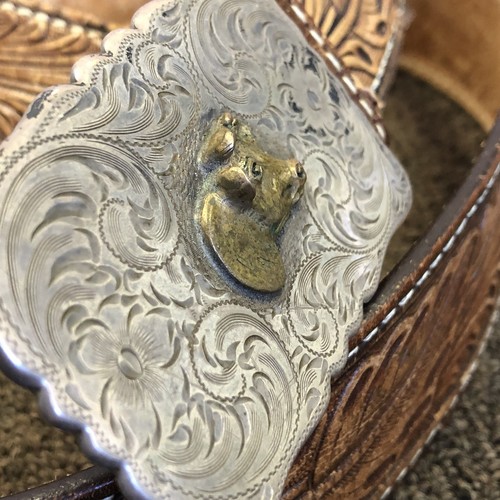 Vintage Diablo Sterling Silver Cowboy Bull Western Belt Buckle W/ Tooled Leather