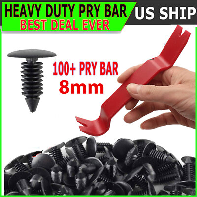 100 8mm Bumper Clips Auto Car Hole Plastic Rivet Fastener Fender PUSH W PRY BAR 