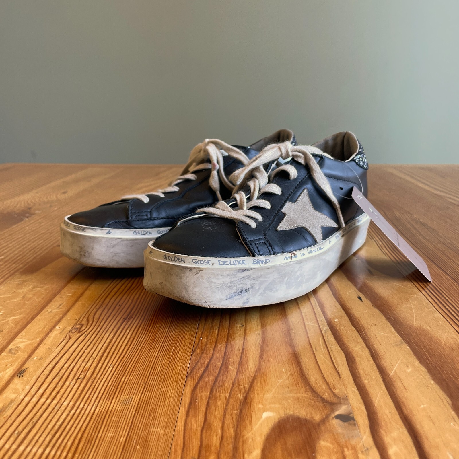 38 / 8 - Golden Goose Black Leather Hi Star Platform