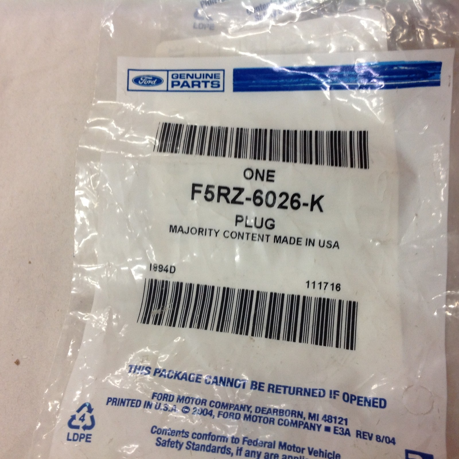 Ford Genuine Parts F5RZ-6026-K Engine Plug - MSRP: $4.77 | eBay