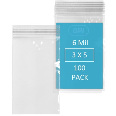 GPI - 6 Mil, Extra Heavy-Duty, 3'' X 5'' Clear Plastic Reclosable Zip Bags, Pun...