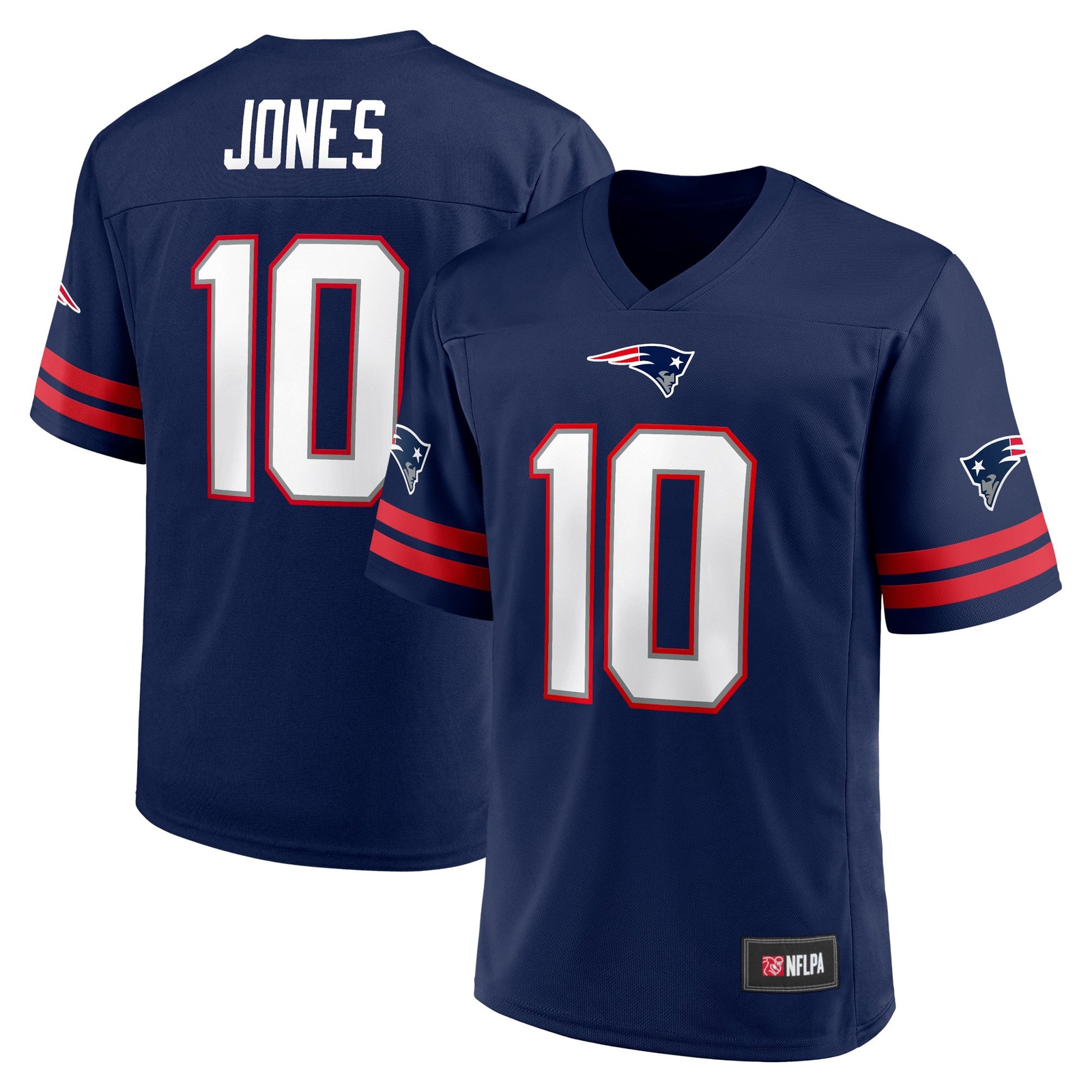 New England Patriots NFL NFLPA Men's Mac Jones #10 Navy V-Neck