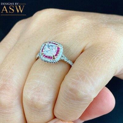 Pre-owned Asw 14k Solid White Gold Cushion Moissanite And Natural Diamonds And Ruby Ring 2.20