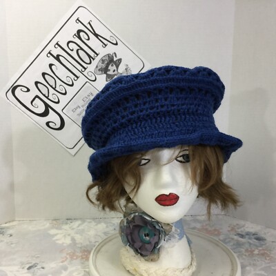 Crochet poofy hat, boho festival beanie, blue fairy cap, L, Geechlark 6579