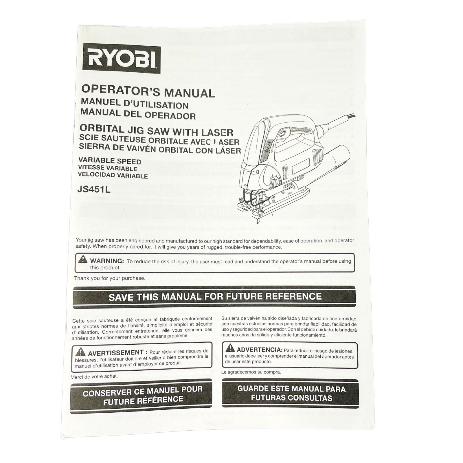 Ryobi Orbital Jig Saw with Laser Operator's u Manual JS451L Ryobi Orbital Jig Saw with Laser Operator's u Manual JS451L
