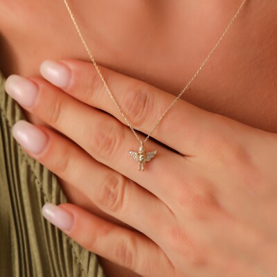Eros Necklace, Solid 14K Gold Angel Necklace, Tiny 14K Gold Eros Pendant