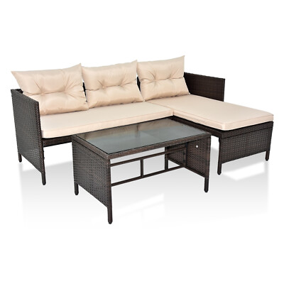 Outdoor Wicker Loveseat Sofa 3PCS Rattan Patio Furniture Set Table with Cushions