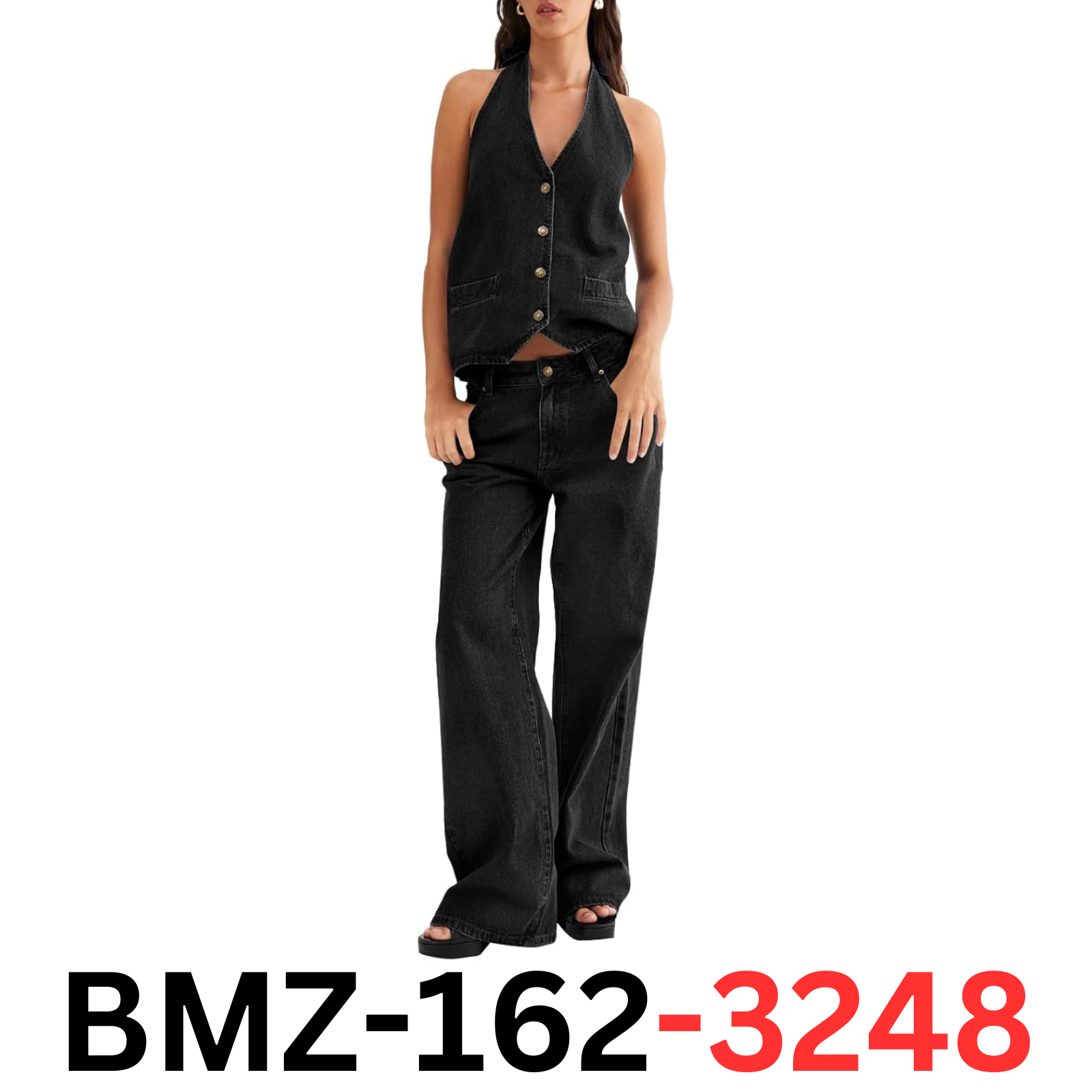 Fisoew Women Two Piece Denim Set Button Down Tank Top and Wide Leg Jeans Black S