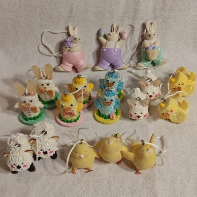 Set/18 Miniature Easter Ornaments Bunnies Chicks Sheep Flocking Glitter Resin