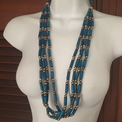 Southwestern Multi Strand Turquoise Blue Clay Tube Bead Necklace Hand Made 32”