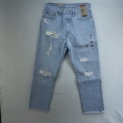 Levis Jeans Womens 29x26 Blue 501 Original Cropped Preppy Destroyed Grunge Denim