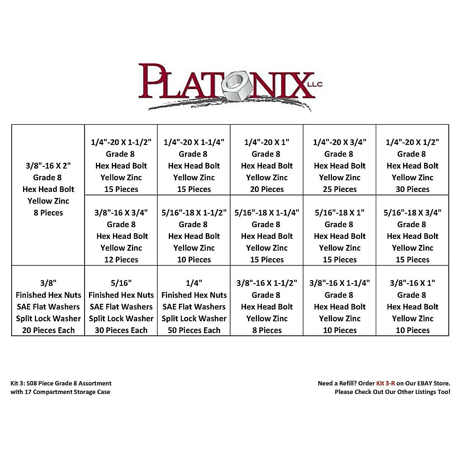 Grade 8 Hex Bolt Washer/Nut Assortment Yellow Zinc (508) Pcs. Coarse Thread