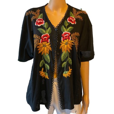 VTG Marisa Christina 2 Floral Embroidered Cotton Button Up Top Women s 1X V Neck