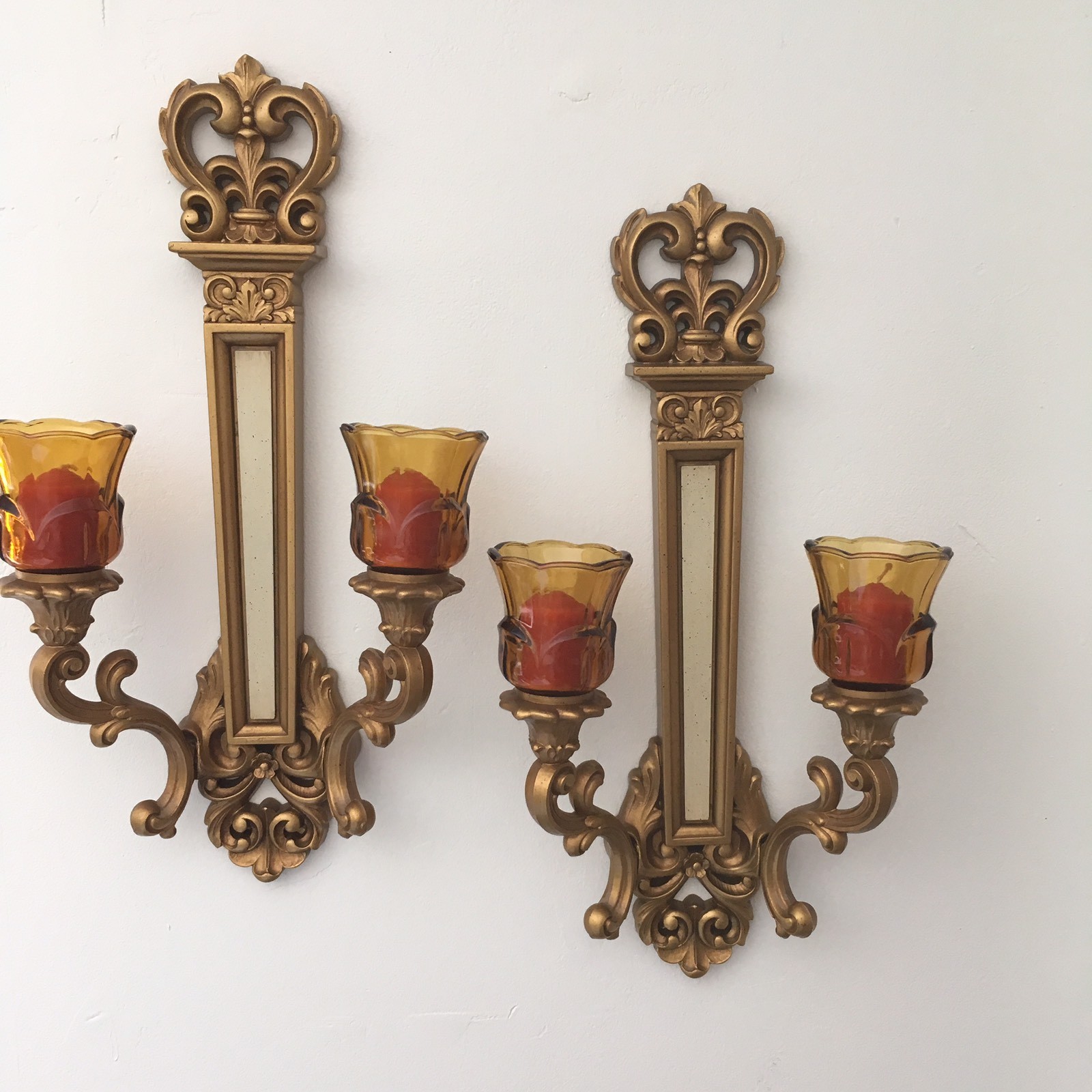 Set Syroco Wall Sconces Votive Glass Candle Holders Gold 4081 Homco Vintage 1969